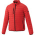 A red puffer jacket with quilted detailing and black accents, featuring zip pockets and a zip-up front.