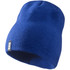 A blue unisex knit beanie, featuring a small logo on the side, showcasing a soft, textured fabric.