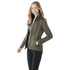 A women's softshell jacket in olive green with a zip front, fitted silhouette, and a small logo.