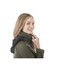 A women's softshell jacket in olive green featuring a black hood and a zippered collar. The model is smiling.