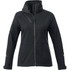 A black women's softshell jacket with a high collar, zippered front, and an angled zip pocket.