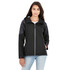 A women's softshell jacket in black, featuring a zip front, hood, and contrasting panel details.