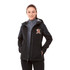 A black women's softshell jacket featuring a hood and a logo. The model is smiling and wearing it over a grey top.