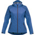 A women's softshell jacket in blue with a hood, featuring zippered pockets and a patterned design on the sleeves.