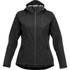 A women's softshell jacket in black with a hood and zippered pockets, featuring a logo on the chest.