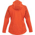 A women's softshell jacket in bright orange with a textured design on the shoulders and a hood.