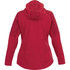 A red women's softshell jacket with a hood and patterned sleeves, featuring a logo on the back.