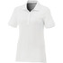 A white women's short sleeve polo shirt featuring a collar and a front placket with buttons, with a logo on the chest.