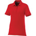 A red women's short sleeve polo shirt with a collar and buttons, featuring a logo on the chest.