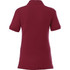 A burgundy women's short sleeve polo shirt with a folded collar and back view. Features a logo.