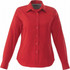 A red women's button-up shirt with long sleeves and a collar, featuring a single logo.