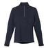 A women's navy knit quarter zip jumper featuring long sleeves and a collar, with a logo on the front.