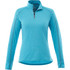 A women's quarter zip jumper in a vibrant turquoise blue, featuring long sleeves and a zippered collar.