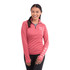 A women's red knit quarter zip jumper featuring long sleeves and a logo on the sleeve.