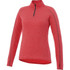 A women's quarter zip jumper in a vibrant red hue with long sleeves and a subtle texture. It features a logo.