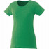 A green short sleeve women's t-shirt with a round neckline and a subtle texture, featuring a logo.