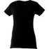 A black women's short sleeve tee with a v-neck design. The fabric appears soft and casual, featuring a logo.