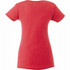 A red short sleeve women's t-shirt with a simple design and a logo on the back.
