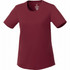 A red short sleeve women's tech tee featuring a round neckline and a minimalist design with a logo.