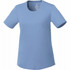 A light blue women's short sleeve tech tee with a round neckline and a logo on the inside label.