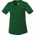 A green short sleeve tech tee for women with a round neckline and a logo inside.
