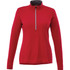 A red women's half zip jacket with long sleeves and a small collar, featuring a logo on the chest.