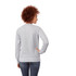A woman with curly hair wearing a grey fleece crew jumper, viewed from the back, with jeans. The jumper has a logo.