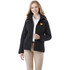 A women's fleece lined jacket in black with a zip and a logo on the upper left chest.