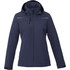 A women's fleece lined jacket in navy blue with a hood and zippered pockets, featuring branding.