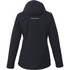 A women's black fleece-lined jacket featuring a hood and a back vent. Includes a logo on the fabric.