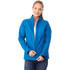 A blue women's softshell jacket with a zip front and a collar, featuring a logo.