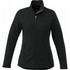 A women's black softshell jacket featuring long sleeves, a stand-up collar, and zippered front pockets.