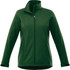 A women's softshell jacket in dark green with a zip closure and high collar, featuring a logo on the chest.