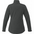 A women's softshell jacket in dark grey, featuring a high collar and long sleeves. It includes a logo.