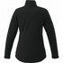 A black women's softshell jacket with a high collar and long sleeves, featuring a logo on the back.