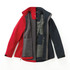 A softshell jacket for women in red and navy, showcasing an open front with inner pockets and a logo.