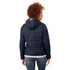 A women's packable insulated jacket in navy blue, featuring a hood and a logo on the back.