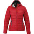 A red packable insulated jacket for women featuring a hood and zippered front. Includes a logo on the jacket.
