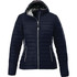 A navy blue women's packable insulated jacket with a hood, featuring a zip closure and side pockets.