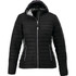 A women's black packable insulated jacket with a hood and zippered front, featuring contrasting interior lining.