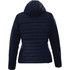A women's packable jacket in navy blue with a hood, featuring a quilted design and a branding logo.
