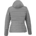 A lightweight women's jacket in grey with a hood, featuring a quilted design and a branded logo.