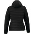 A black women's insulated jacket with a hood, featuring a quilted design and fitted silhouette.
