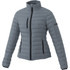A grey puffer jacket featuring a zip front, stand collar, and multiple zippered pockets. Includes a logo on the sleeve.