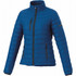 A women's puffer jacket in a vibrant blue, featuring a zip-up front and two zippered side pockets.
