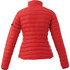 A red puffer jacket with a fitted design and a logo on the arm. The back features quilted detailing.