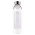 A drink bottle with a clear glass body and a white silicone sleeve, featuring a silver metal cap.