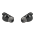 Black earbuds with grey tips, featuring a smooth design and a logo on the side.