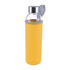 A drink bottle with a transparent glass body and yellow neoprene sleeve, featuring a silver cap and a carrying loop.