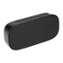 A black Bluetooth speaker with a sleek design and control buttons on the top. It features a textured speaker grille.